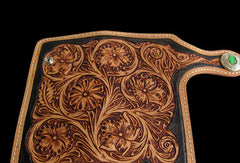 Handmade black tan leather floral carved biker wallet Long wallet clutch for men - EverHandmade