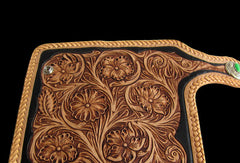 Handmade black tan leather floral carved biker wallet Long wallet clutch for men - EverHandmade