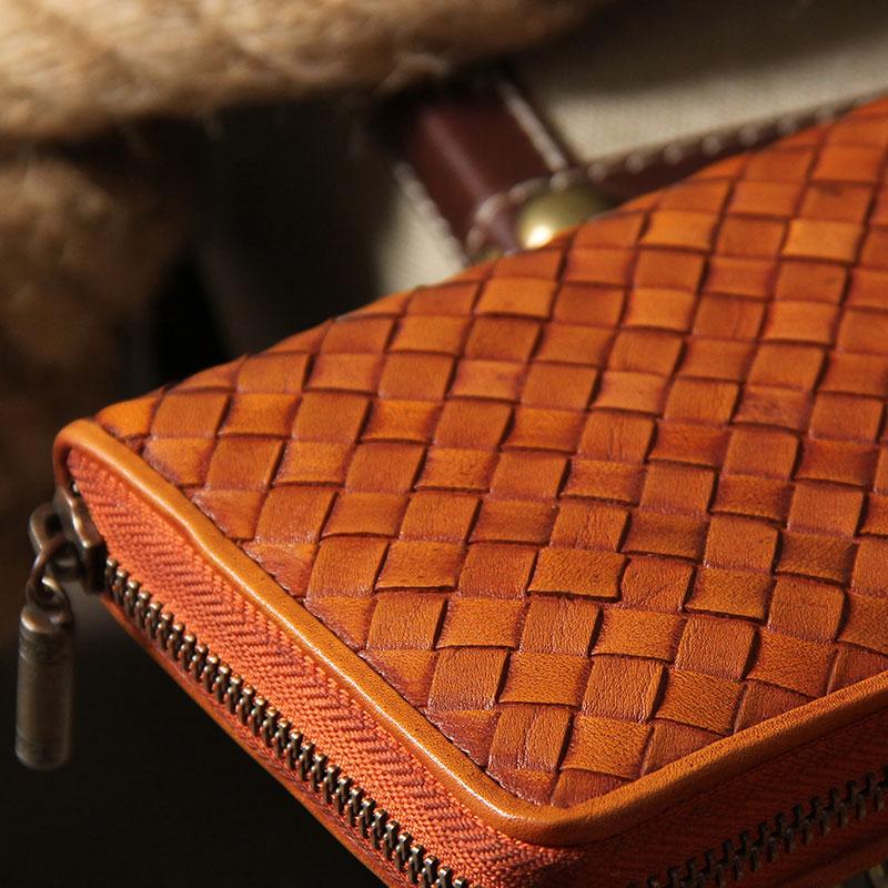 Handmade vintage long wallet leather mens zipper clutch wallet for men