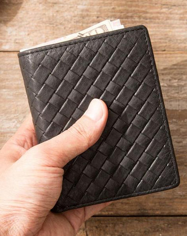 Braided Leather Mens Small Wallets Bifold billfold Slim Front Pocket Wallet for Men