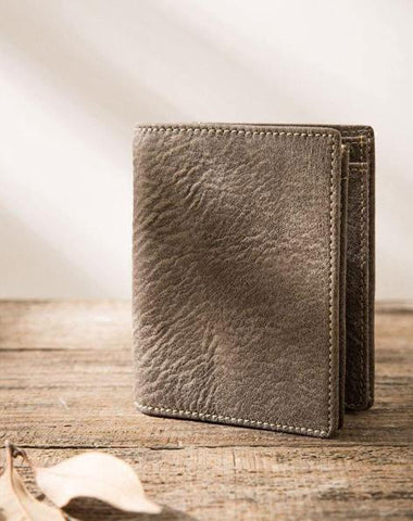 Gray Cool Leather Mens Small Wallet Bifold Vintage Slim billfold Wallet for Men