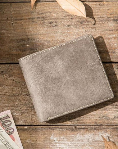 Cool Leather Mens Gray Small Wallet Bifold Vintage Slim billfold Wallet for Men