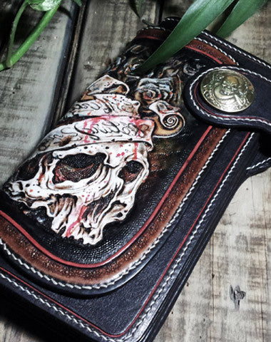 Men's Long Wallet Custom Biker outlets style with carving Skullbiker Genuine Leather Black colors