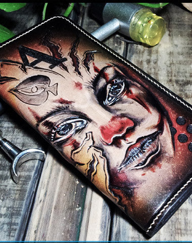 Handmade leather Biker trucker long Joker wallet leather  men Black Carved Tooled wallet - EverHandmade