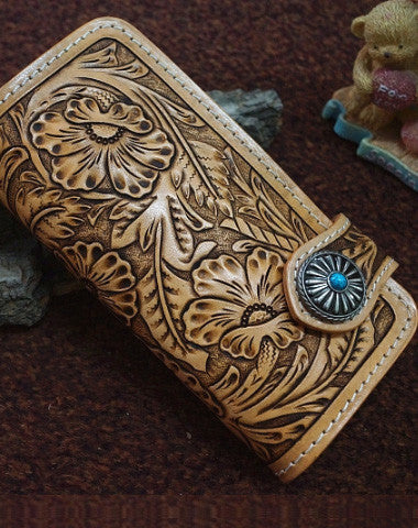 Handmade leather biker beige wallet floral carved chian bifold Long wallet purse for men - EverHandmade