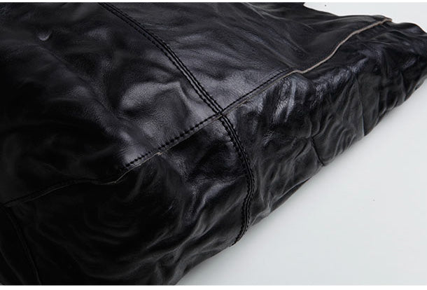 Black Leather Fashion Large Tote Bag Wrinkled Shopper Bag Shoulder Bag