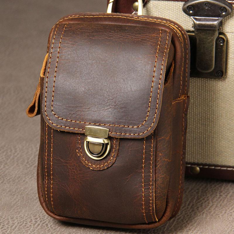 Vintage Brown Leather Mini Sling Bag Waist Belt Pouch For Men