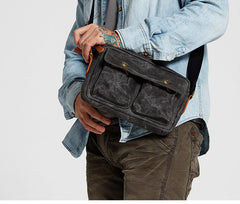 Gray Waxed Canvas Mens Casual Messenger Bag 