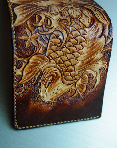 Golden outlet Fish hand tooled/carved wallet for men | Personalized Vintage vegetable tanned leather handmade wallet