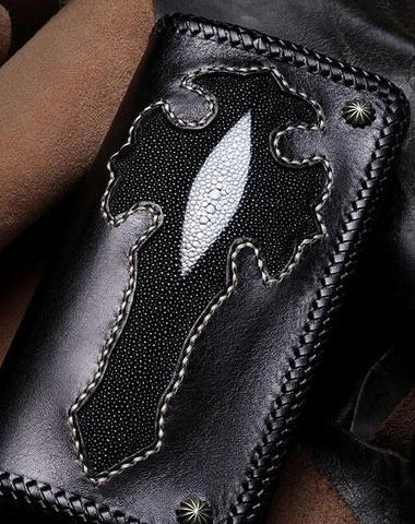 Handmade Leather Cross Mens Biker Wallet Cool Leather Wallet Long Phone Wallets for Men