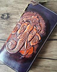 Handmade Leather Ganesha Tooled Mens Long Wallet Cool Leather Wallet Clutch Wallet for Men