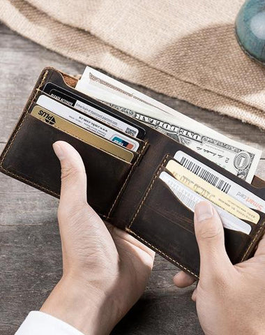 Handmade Leather Mens Cool Slim Leather Wallet Men Small billfold Wallets Bifold for Men