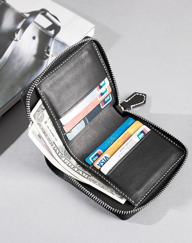 Cool Leather Mens Slim Leather Small Wallets Zipper billfold Wallets Bifold for Men