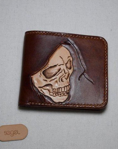 Crow Skull Mens 3D Genuine Leather Wallet Hand-carved 