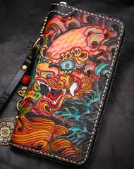 Handmade Leather Tooled Chinese Lion Mens Chain Biker Wallet Cool Leather Wallet Long Phone Wallets for Men