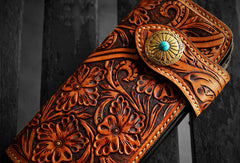 Handmade leather biker trucker wallet brown floral leather chain men Carved Tooled wallet - EverHandmade