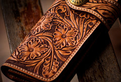 Handmade leather biker trucker wallet brown floral leather chain men Carved Tooled wallet - EverHandmade