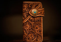 Handmade leather biker trucker wallet brown floral leather chain men Carved Tooled wallet - EverHandmade