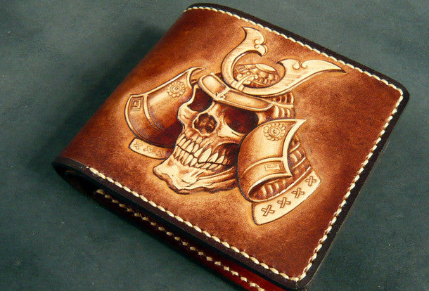  Men's 3D Genuine Leather Wallet, Hand-Carved, Hand-Painted,  Leather Carving, Custom wallet, Personalized wallet, Native American wallet,  Skull, Red Man, Nativ American Skull, Indian Head : Handmade Products