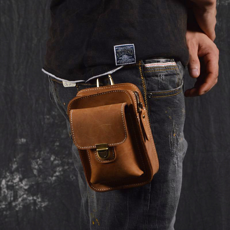 Vintage Brown Leather Mini Sling Bag Waist Belt Pouch For Men