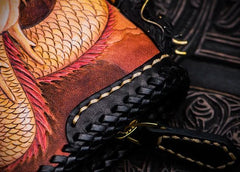 Handmade Leather Tooled Chinese Dragon Chain Wallet Mens Biker Wallet Cool Leather Wallet Long Phone Wallets for Men