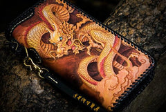 Handmade Leather Tooled Chinese Dragon Chain Wallet Mens Biker Wallet Cool Leather Wallet Long Phone Wallets for Men