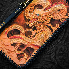 Handmade Leather Tooled Chinese Dragon Chain Wallet Mens Biker Wallet Cool Leather Wallet Long Phone Wallets for Men