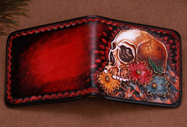  Men's 3D Genuine Leather Wallet, Hand-Carved, Hand-Painted,  Leather Carving, Custom wallet, Personalized wallet, Native American wallet,  Skull, Red Man, Nativ American Skull, Indian Head : Handmade Products