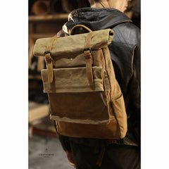 Khaki Oiled Wax Canvas Mens Rollup Backpack Travel Backpack Hiking Backpack Outdoor Backpack For Men