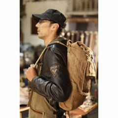 Khaki Oiled Wax Canvas Mens Rollup Backpack Travel Backpack Hiking Backpack Outdoor Backpack For Men