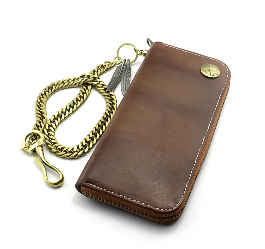 Badass Coffee Leather Men's Long Wallet with Chain Biker Chain Wallet