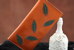 Handmade green orange pretty leaf leather long bifold wallet for women/lady girl - EverHandmade