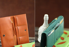 Handmade green orange pretty leaf leather long bifold wallet for women/lady girl - EverHandmade