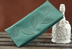 Handmade green orange pretty leaf leather long bifold wallet for women/lady girl - EverHandmade