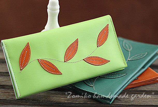 Handmade green orange pretty leaf leather long bifold wallet for women/lady girl - EverHandmade