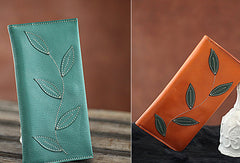 Handmade green orange pretty leaf leather long bifold wallet for women/lady girl - EverHandmade