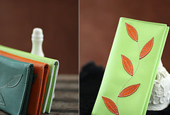 Handmade green orange pretty leaf leather long bifold wallet for women/lady girl - EverHandmade