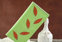 Handmade green orange pretty leaf leather long bifold wallet for women/lady girl - EverHandmade