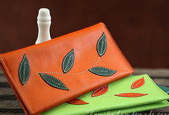 Handmade green orange pretty leaf leather long bifold wallet for women/lady girl - EverHandmade