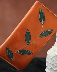 Handmade green orange pretty leaf leather long bifold wallet for women/lady girl - EverHandmade