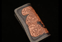 Handmade black brown leather skull carved biker wallet Long wallet clutch for men - EverHandmade