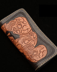 Handmade black brown leather skull carved biker wallet Long wallet clutch for men - EverHandmade