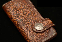 Handmade coffee leather Skull dragon carved biker wallet bifold Long wallet for men