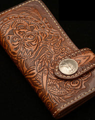 Handmade coffee leather Skull dragon carved biker wallet bifold Long wallet for men