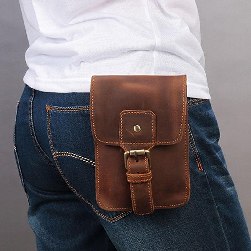Cool Brown Leather Men's Belt Pouch Cell Phone Holster Small Belt