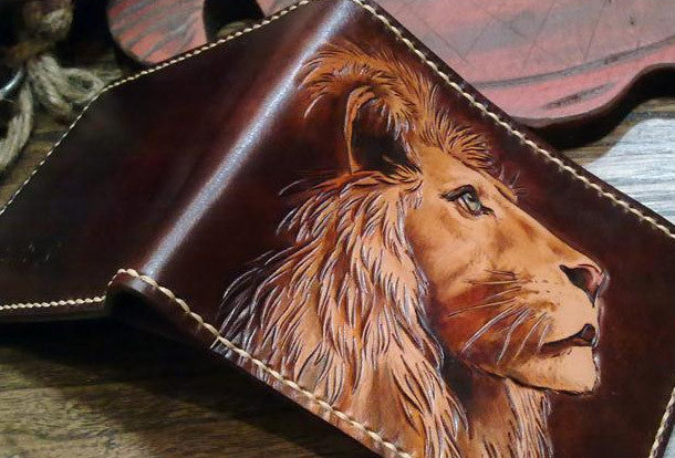 Lion Portrait Painting Wallet for Men Hand Painted Leather 