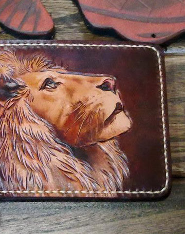 Handmade billfold leather wallet men lion carved leather billfold wallet for men him - EverHandmade