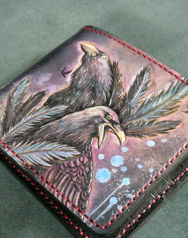 Handmade billfold leather wallet men Crow carved leather billfold wallet for men him - EverHandmade