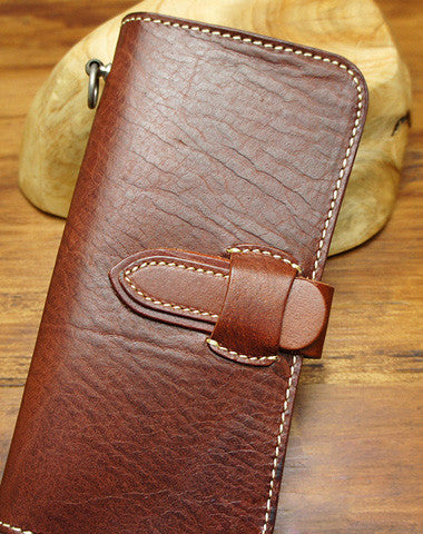 Handmade biker wallet leather with chain coffee red brown Long wallet purse for men - EverHandmade