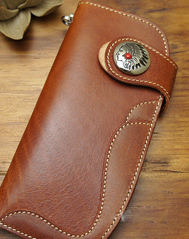 Handmade biker wallet leather with chain coffee red brown Long wallet purse for men - EverHandmade